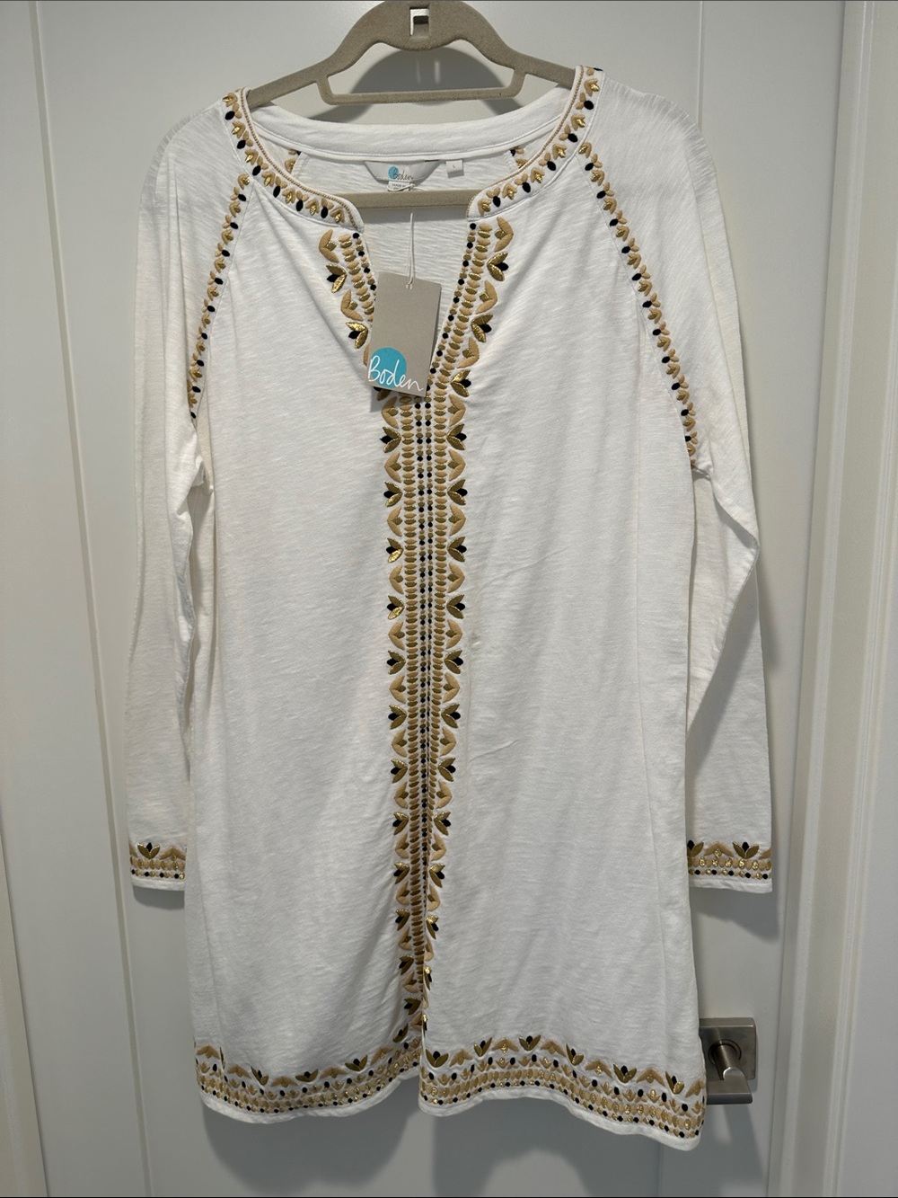 Boden White Swim Coverup with Gold Embroidery